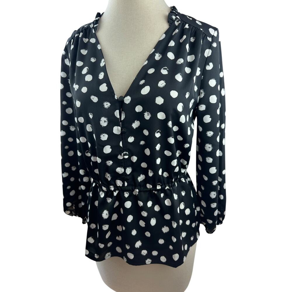 NWT J.Crew Peplum Blouse Painted Dot Satin Backed Crepe Polka Dot Black Size 2 - Picture 2 of 13